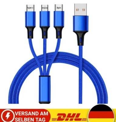 Multi USB Schnell Ladekabel - 3 in 1 - Type-C/Micro USB/iOS - NEU - 1,2m