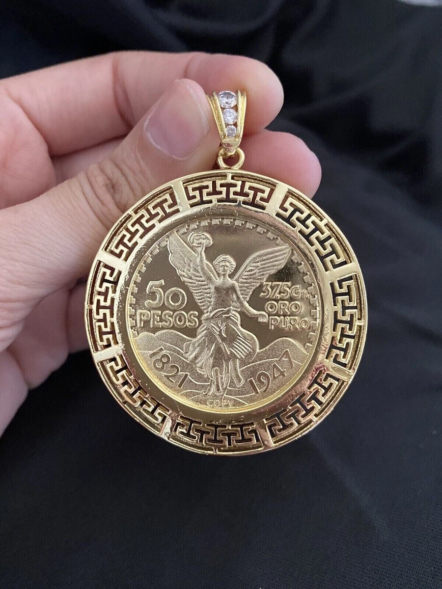 Design 50 Pesos Lab Created Diamond Mexican Coin Pendant 14k
