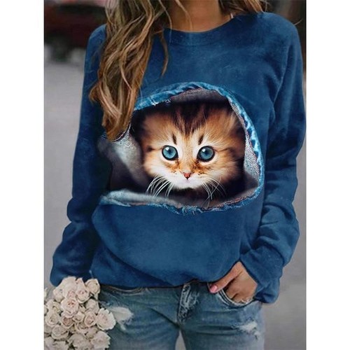Sudadera Sueter Para Mujer con Estampado de Gata 2022 Cuello Redondo | eBay