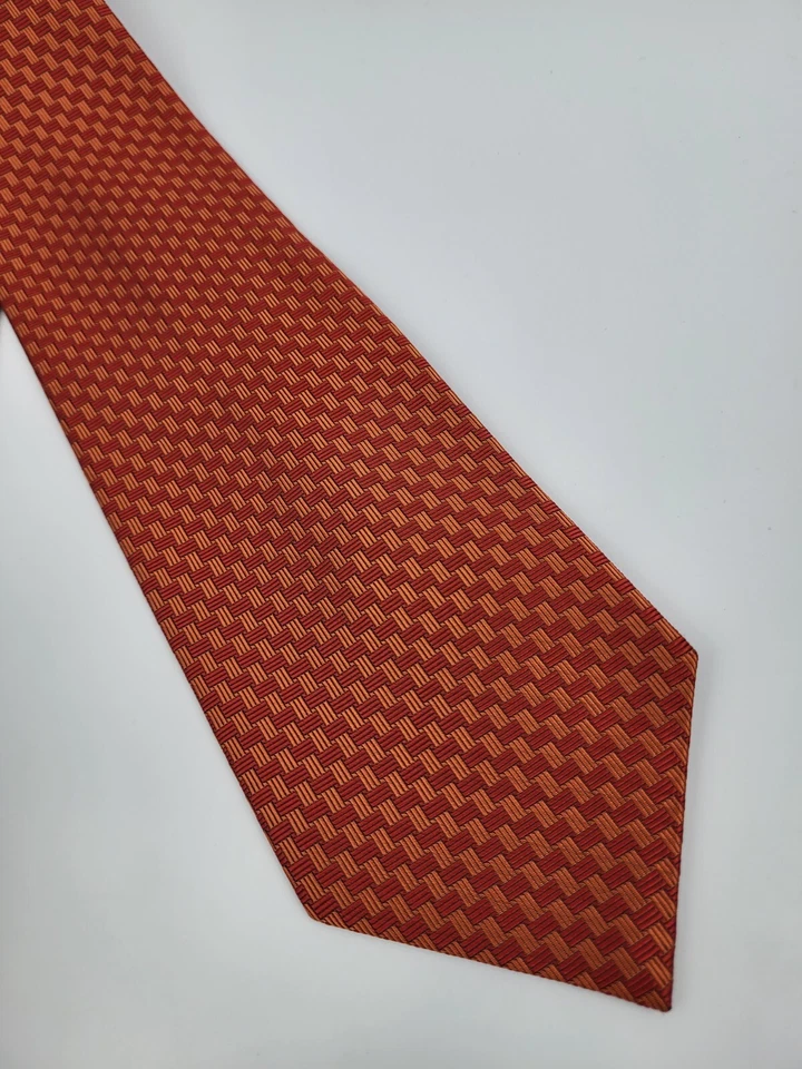 Corbata de lino moda seda roja naranja geométrica para hombre 57 x 3,75 Foto 3 de 4