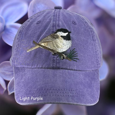 Chickadee embroidered dad hat, low profile baseball cap, black capped wildlife
