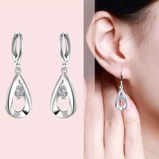925 Sterling Silver TearDrop CZ Gems Dangle Hoop Huggie Earrings Ladies Girl UK