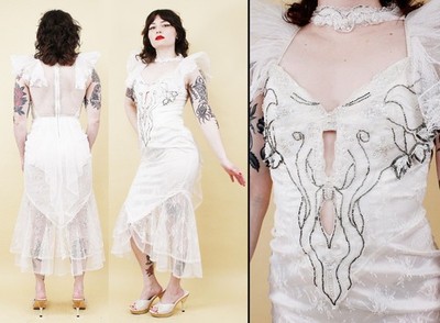 80s Vtg CLIMAX Karen Okada White Lace Angel Sleeve Dress Sheer Mesh Glam Mermaid