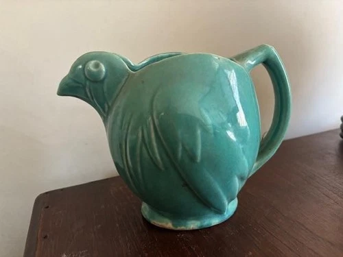 Vintage McCoy Pottery Teal/green/aqua/Blue Bird/hen Pitcher 1940s