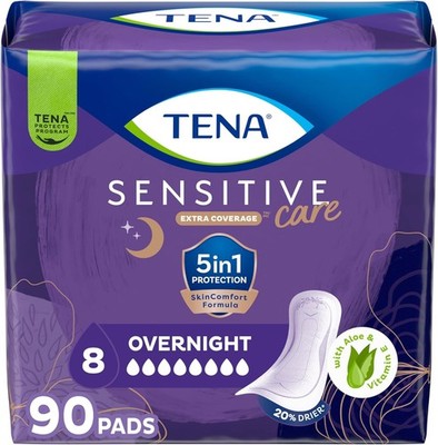 TENA Sensitive Overnight Incontinence Pads, 90 Count, Extra Coverage