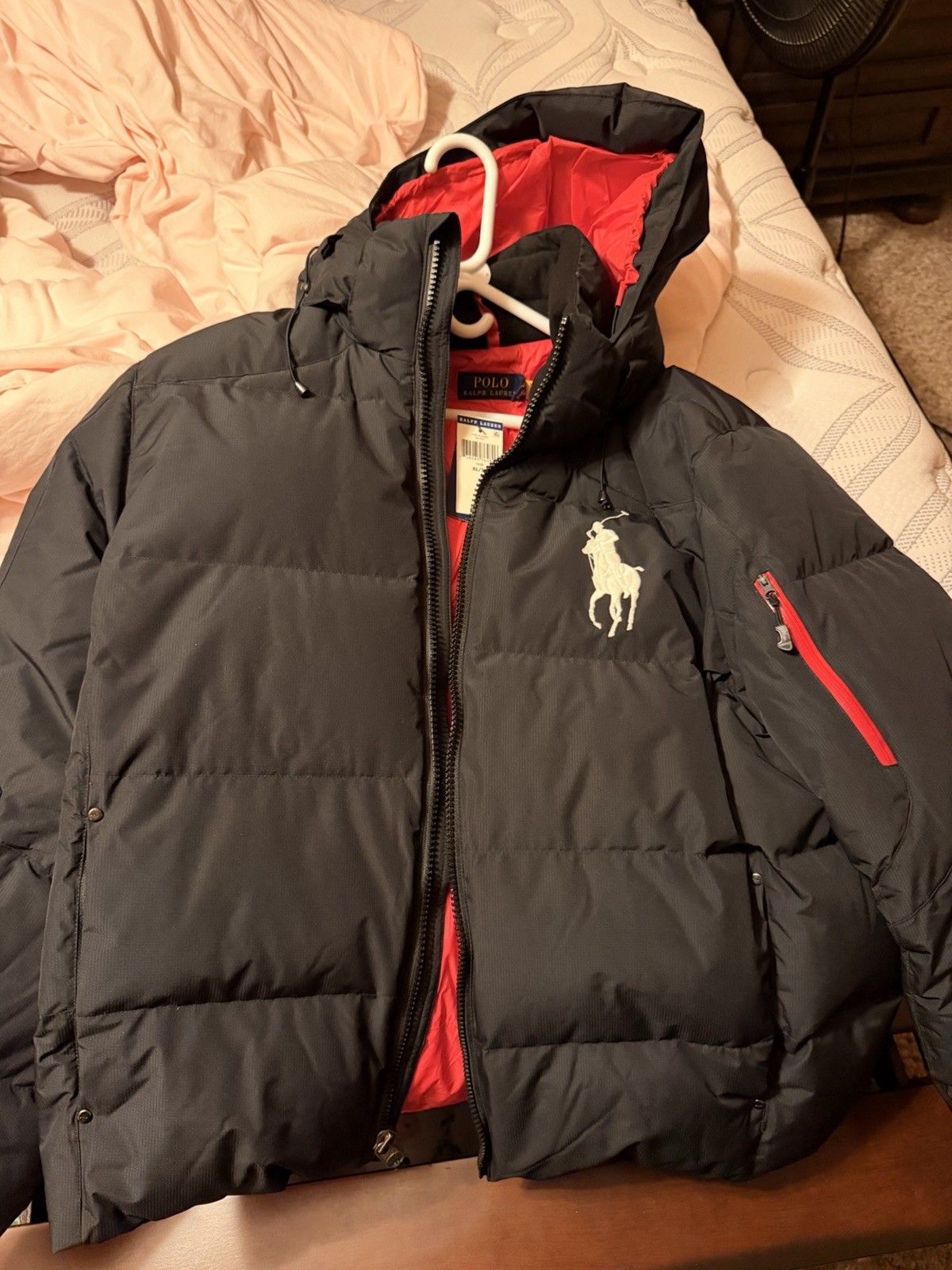 Polo Ralph Lauren Jacket Mens XL Black Big Pony Hooded Puffer Down Coat Full Zip