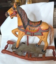 Vtg Wooden Hand Carved Wooden Rocking Horse with Horsehair Tail. Painted