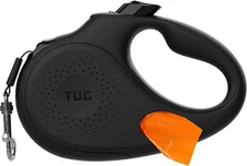 TUG 360° Tangle-Free Retractable Dog Leash Medium Black to 60 pounds bag holder
