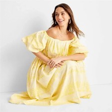 Floral Print Off the Shoulder Puff Sleeve Midi Dress Future Collective Yellow M