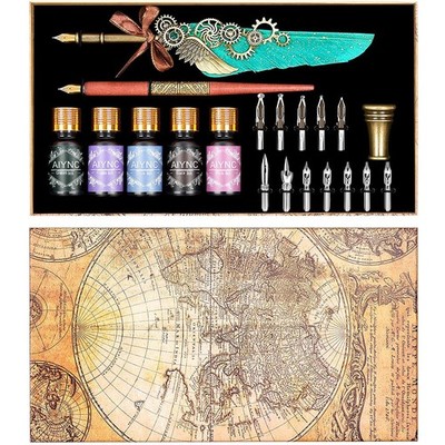 Feather Calligraphy Pen Ink Set, Mechanical Feather Pen and Wooden Dip Pen, 5 Co