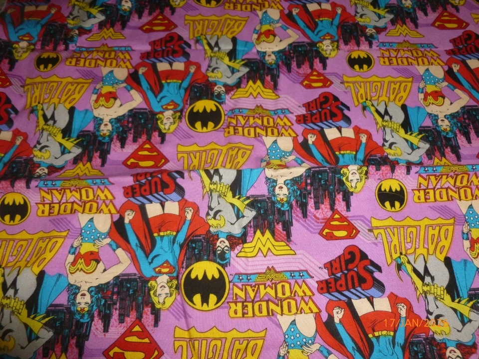 Fabric FQ Cotton Quilt Pink Super Girl Hero Batgirl Wonder Woman Comic 40x32" - Image 2 of 3