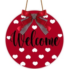 Valentine's Day Welcome Door Sign with Ribbon Bow Red Love Heart Wooden Hanging