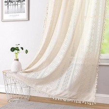 Beige Boho Linen Textured Tassel Sheer Lace Curtains, Chic Crochet - 2 Panels