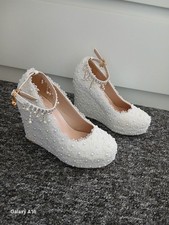 Crystal Queen Bridal Wedding Shoes Ivory Lace Pearl Wedge Heels Size 42 UK 8 New