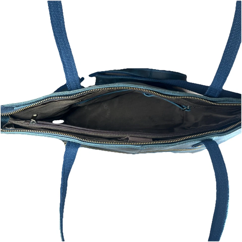 S-Zone Leather Work Laptop Travel Tote Bag Blue Top Zipper w Trolley Strap - Image 3 of 4