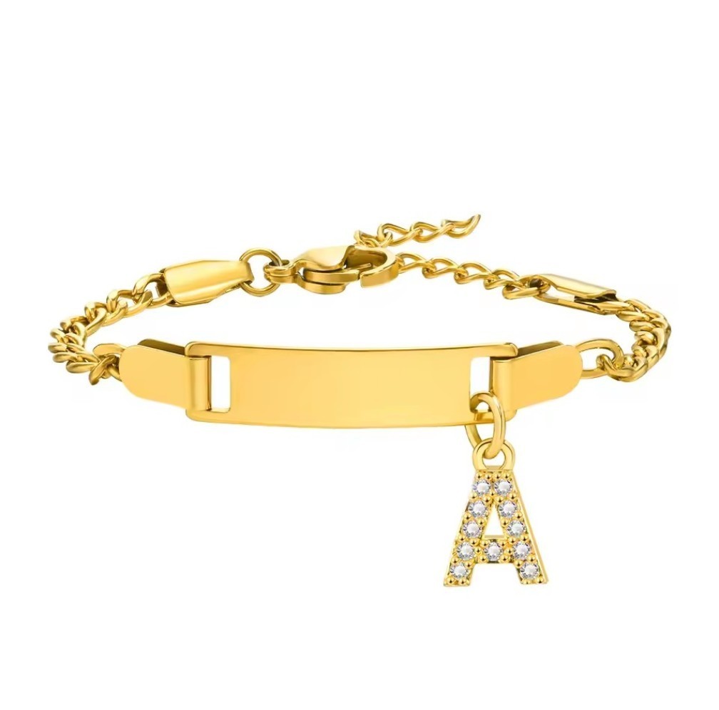 Bracelet gourmette avec initiale strass et gravure personnalisée pour fille