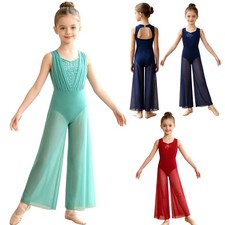 Girls Lyrical Dance Wide Leg Pants Romper Jumpsuit Figure Ice Skating Costume