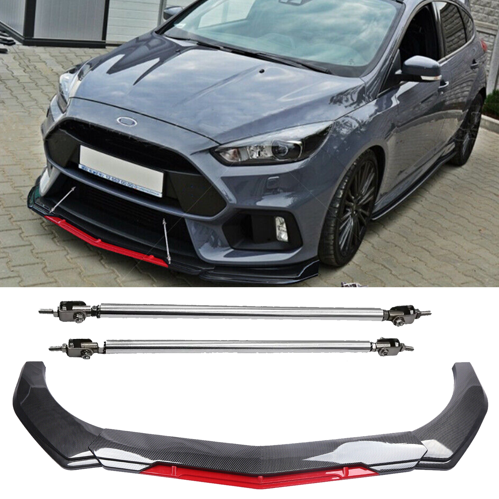 Ford Focus Carbon Fiber Front Bumper Lip Spoiler Splitter Strut Rod