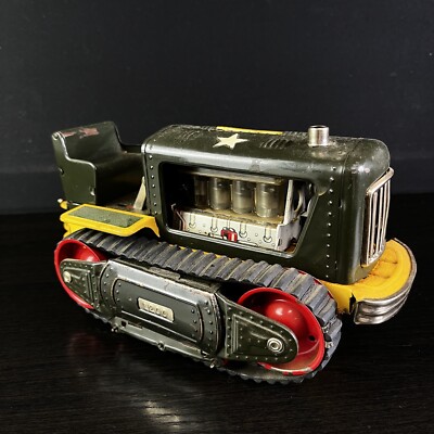 Vintage Battery-Operated Tractor Tin Litho by NOMURA Bulldozer Us Army 1200