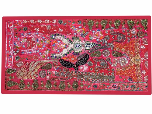 Ethnic Pink Wall Hanging Hand Embroidered Beaded Patchwork Tapestry Decor BT25 - Picture 2 of 5