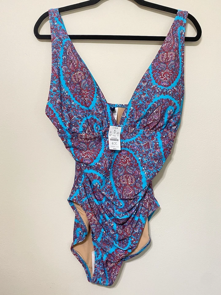 J.CREW бирюзовый пейсли v-образным вырезом собранными в Рюш цельный купальник + прикрыть платье размер L новый - Изображение 2 из 4