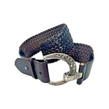 BRIGHTON Belt Adult 36 Woven Leather Large Silver Buckle 2.5" WIDE Boho Hippie