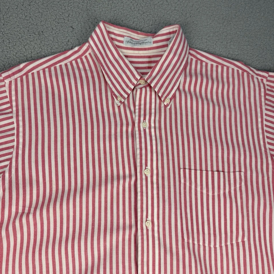 VINTAGE Jos A Bank Shirt Mens Extra Large Red White Striped Madagascar Chambray - Image 3 of 4