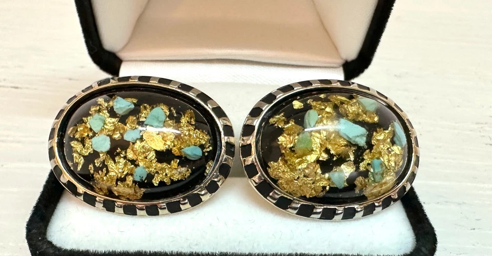 VINTAGE HICKOK STERLING SILVER GOLD VERMEIL LUCITE GOLD FLECK OVAL CUFFLINKS Lg - Image 2 of 4