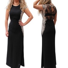 New 10 UK Next Black Cream Embroidered Lace Maxi Long Dress Evening Wedding