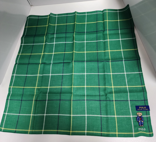 POLO Ralph Lauren Bear Embroided Scarf Green Plaid 49cm Cotton Hankie - Picture 4 of 6