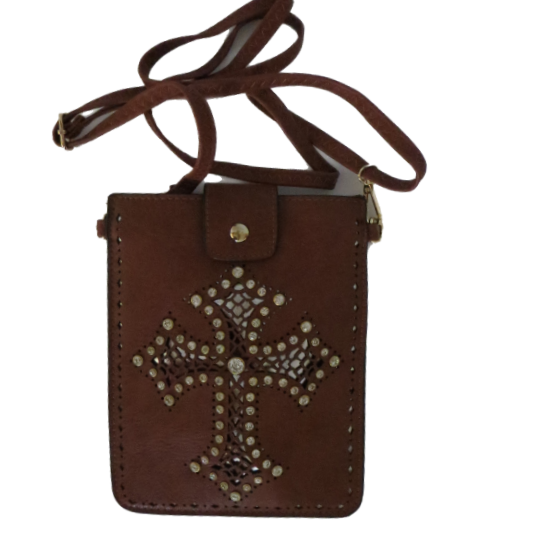 PU Leather Crossbody Bag with Crystal Studs in Brown-image