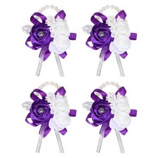 Wrist Corsage Artificial Flower Bracelets Pack of 4 Rose Wrist Purple
