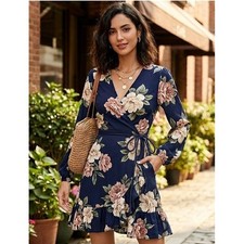 Lulus Floral Wrap Mini Dress Womens Small Navy Blue Long Sleeve Ruffle Boho