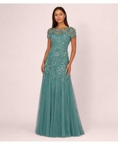 Adrianna Papell Gown Sz 6 Jade Green Beaded Sequin Formal Modest NWT Cap Sleeve