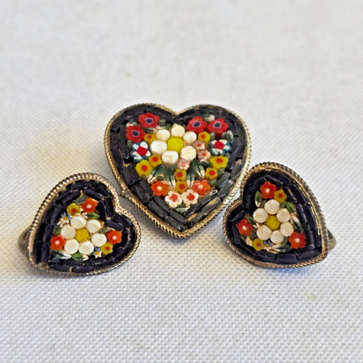 #ad #ad Vtg Millefiori Costume Jewelry Set Heart Floral Micro Mosaic Scatter Pin Italy $59.95