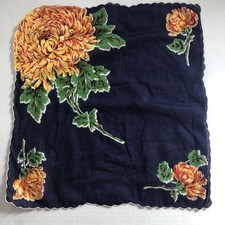 Vtg Cotton Hankie Handkerchief Scalloped Navy W/ Orange Yellow Mums