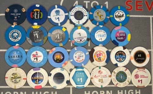 🎰🎲$1 All Current Las Vegas Strip Properties Lot Of 26 Casino Chips *RARE*🎲🎰