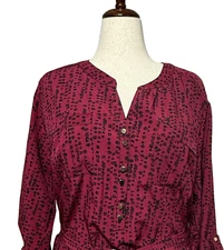 Notations Top Womens 3X Red Black Half Button Pullover Belted Career Stretch NWT