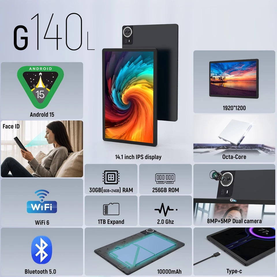 14 inch Tablet 30GB RAM 256GB ROM 1920*1200 FHD Tablet Android 15 WiFi6 (1TB TF) - Image 2 of 4