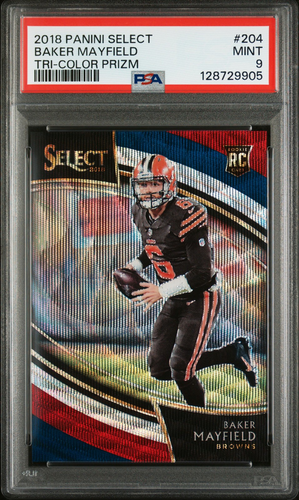 2018 PANINI SELECT TRI-COLOR PRIZM #204 BAKER MAYFIELD 94/99 PSA 9