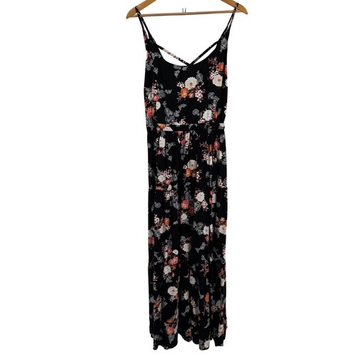Torrid Dress Womens 2 Black Floral Maxi Sleeveless Cross Back Tie Waist Flowy