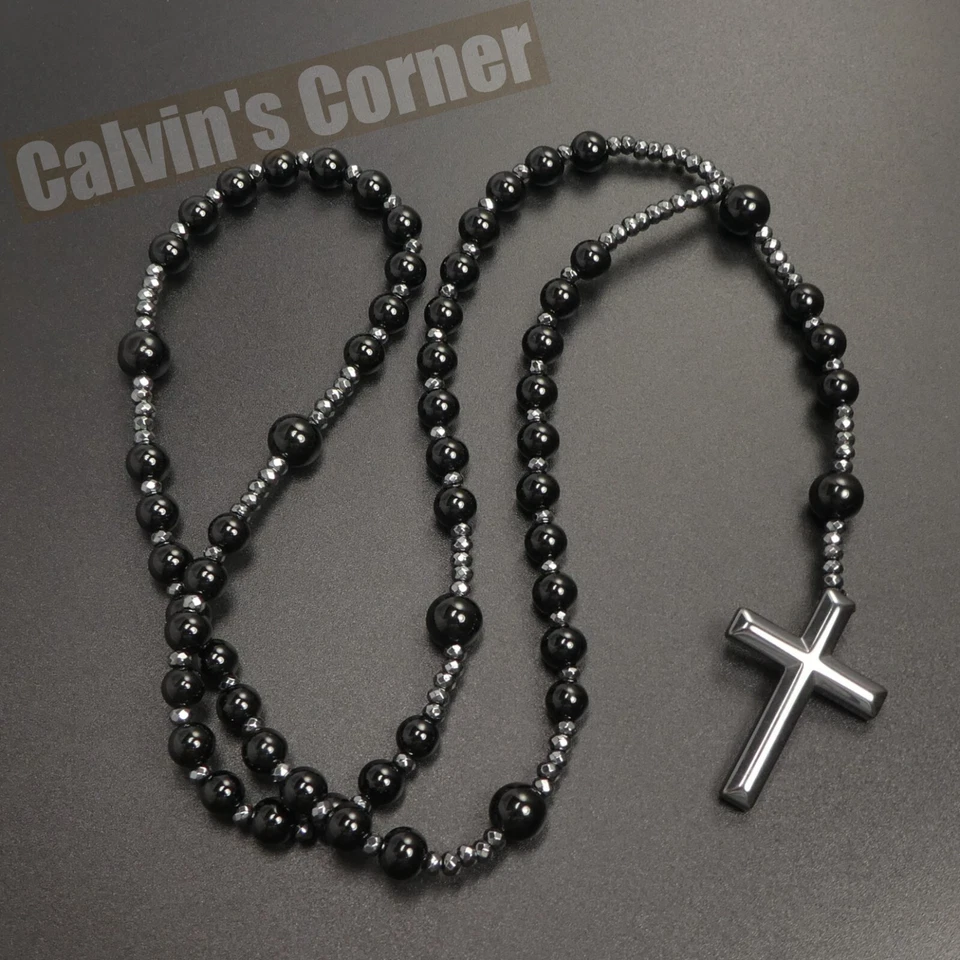 Collar Rosario Cruz Hematita Cuentas Ónix Negro Católico Hombres Mujeres Regalo Colgante Foto 4 de 4