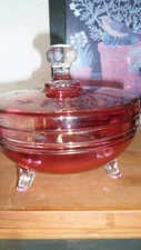 VTG ETCHED CRANBERRY FLASH GLASS COVERED FOOTED 6" CANDY DISH