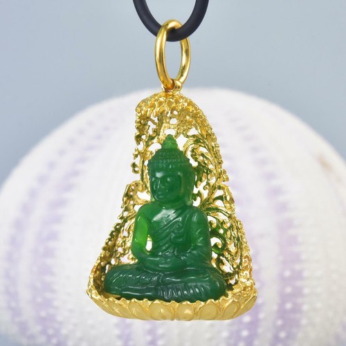Buddha Bild Gold Vermeil Sterling Bodhi Baum Grün Chalzedon Anhänger 13.04 G - Bild 5 von 9