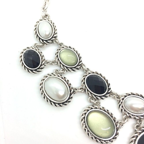 DANA BUCHMAN GREEN BLACK PEARL CABOCHON NECKLACE BIB COLLAR SILVER TONE REGAL - Picture 9 of 12