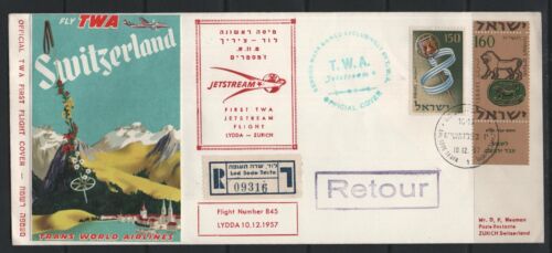 ISRAEL 10/12 1957 FIRST FLIGHT TWA JETSTREAM LYDDA - ZURICH ON REGISTERED COVER - Picture 1 of 2