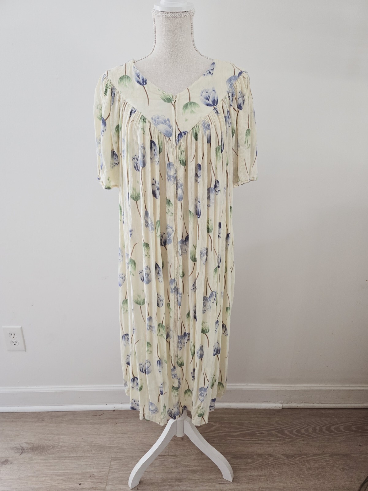Go Softly Patio Yellow Blue Floral Flowers Front Zip Rayon Mumu House Dress S