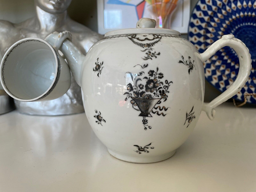 Antique Chinese Porcelain Grisaille 18th Century Hand Painted Teapot and Cup