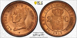1912 PCV (12 en Estrella) España 2 Céntimos PCGS MS66 Rojo