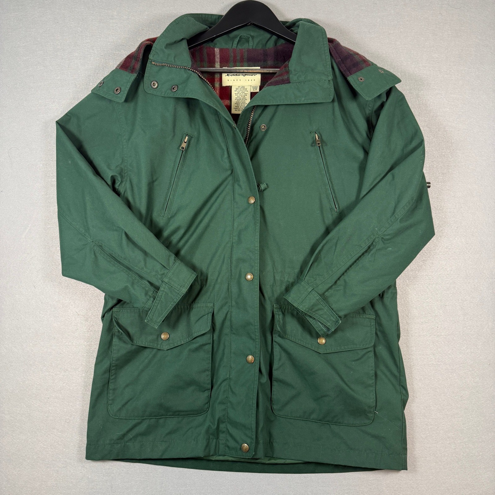 Vintage Eddie Bauer Jacket Parka Coat Womens Small Green Wool Plaid Lined Hooded